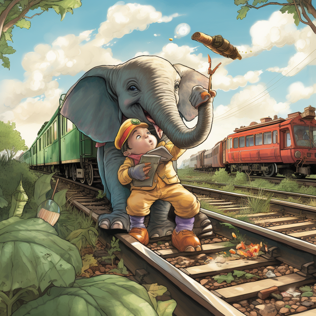 Cute elf train engineer enjoying an elephant ear snack