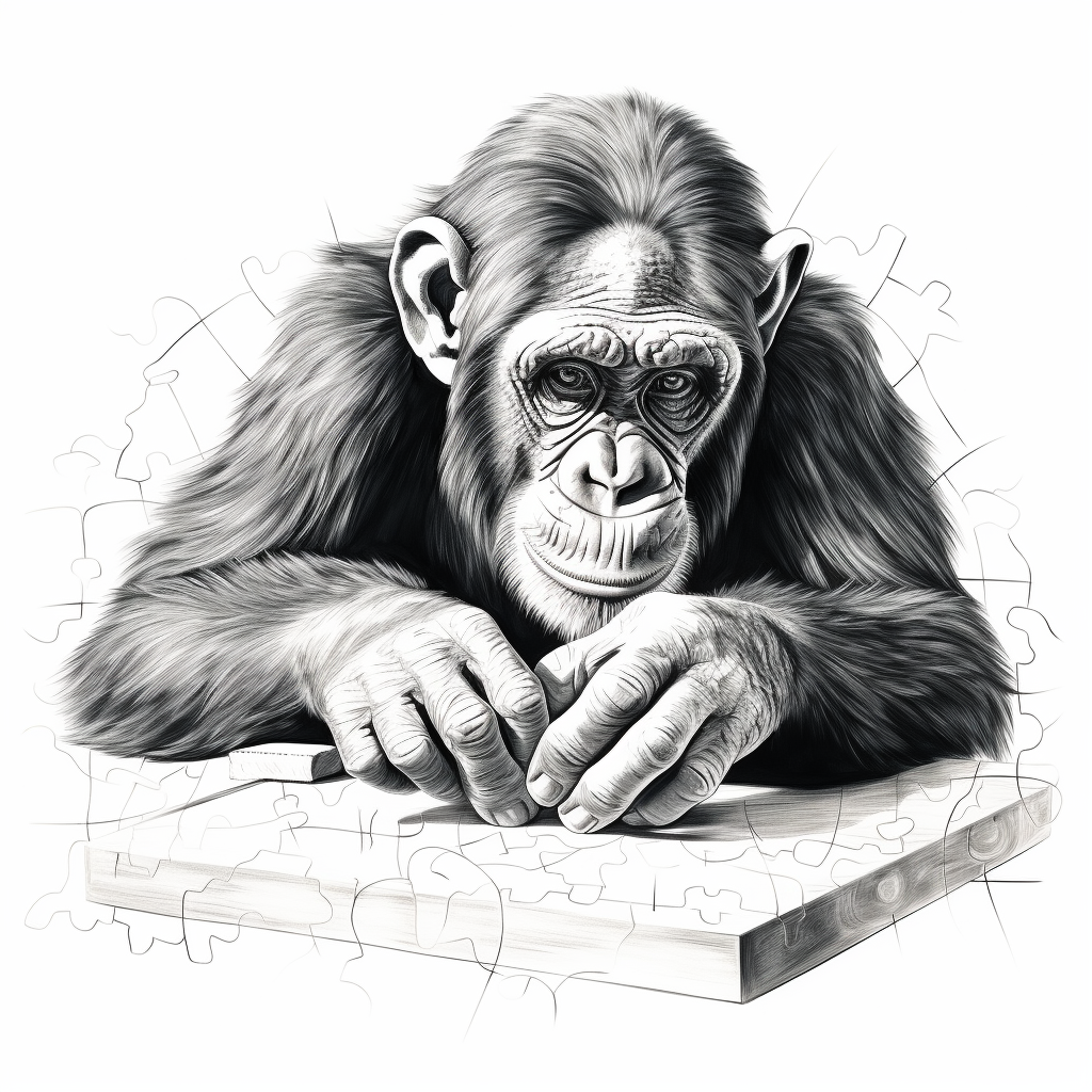 Smart chimp solving puzzle in black and white