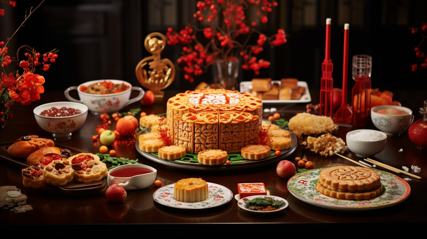 Festive Chinese holiday table with beautiful mooncakes