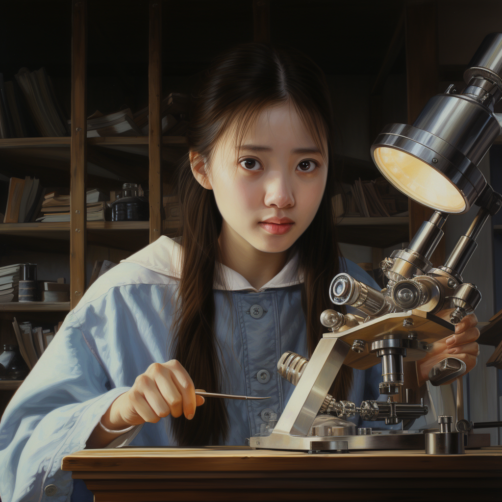 Scientific girl using microscope with lens on table