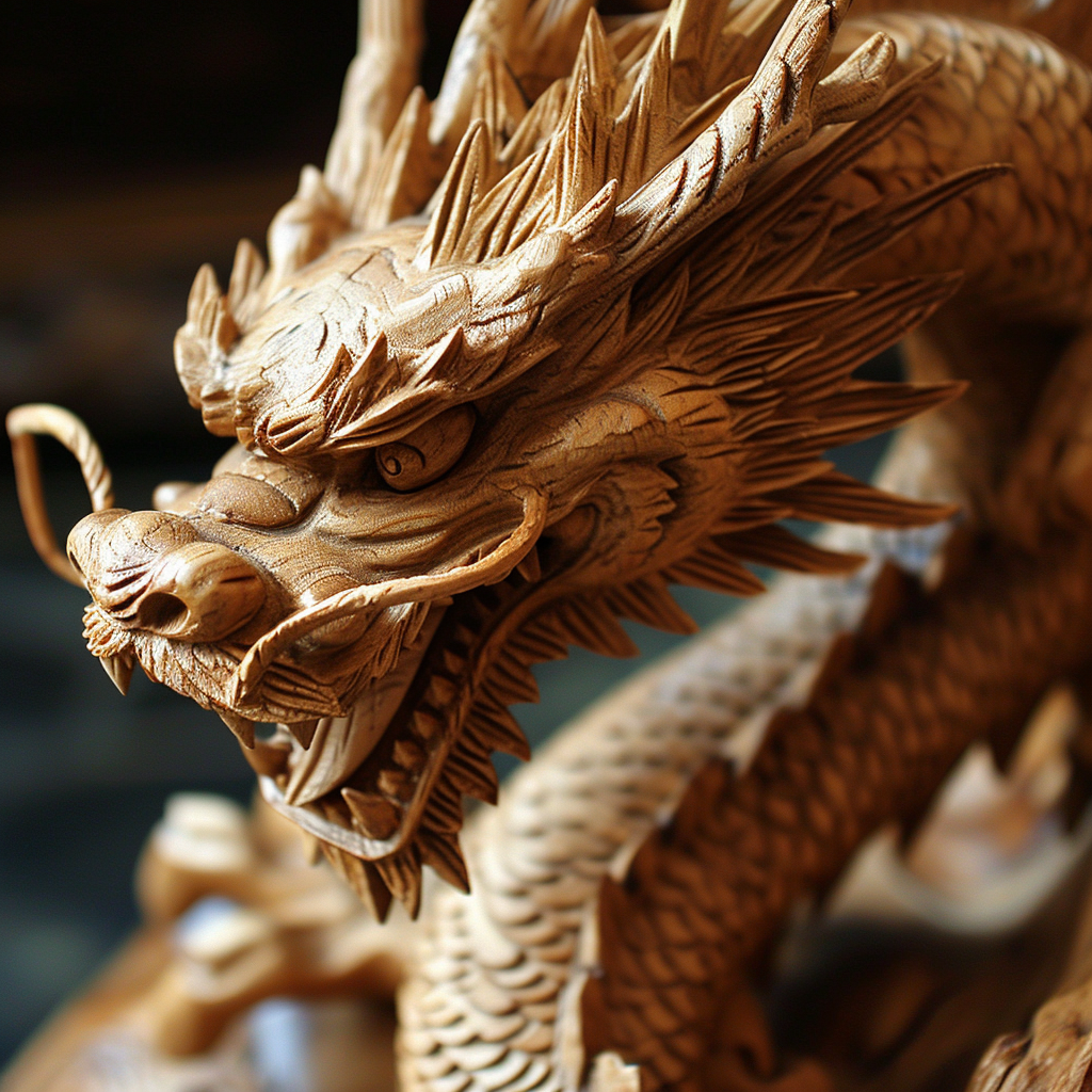 Detailed Chinese Zodiac Dragon Carved from Wood