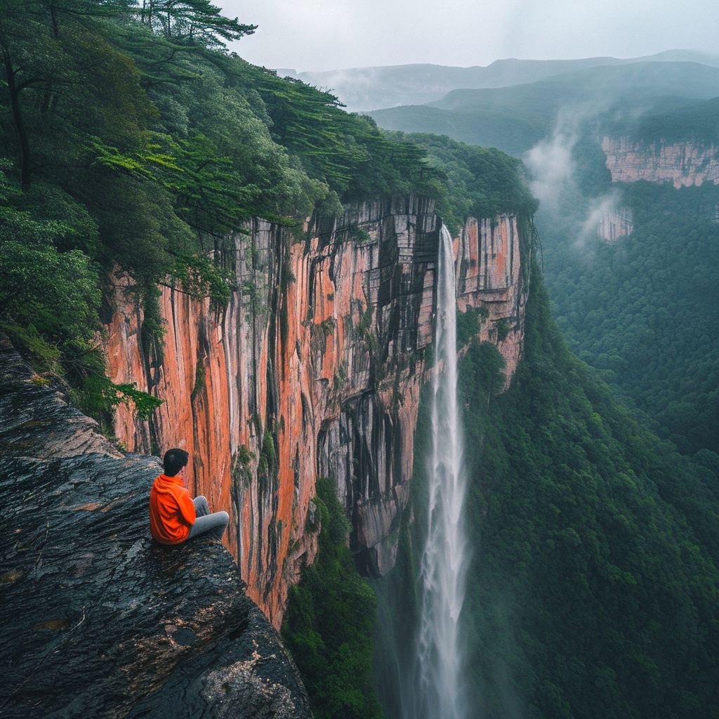 Chinese man sitting on cliff near waterfall