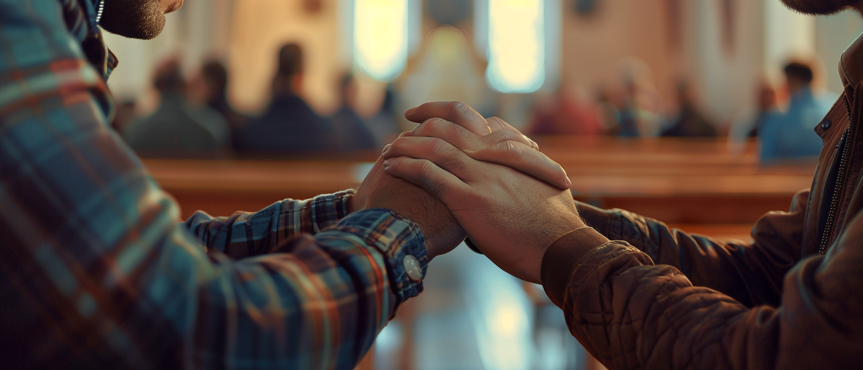 Brothers holding hands in Christian prayer meeting