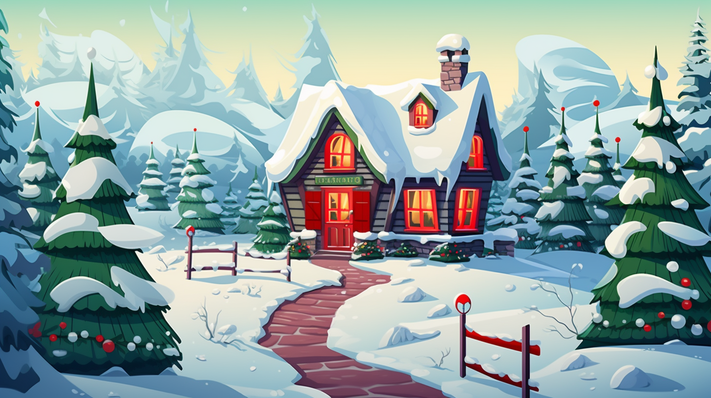 Christmas house with cartoonish features in red and green