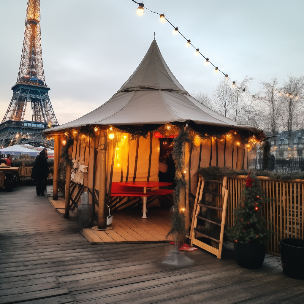 Asian yurt at Christmas market by Eiffel Tower