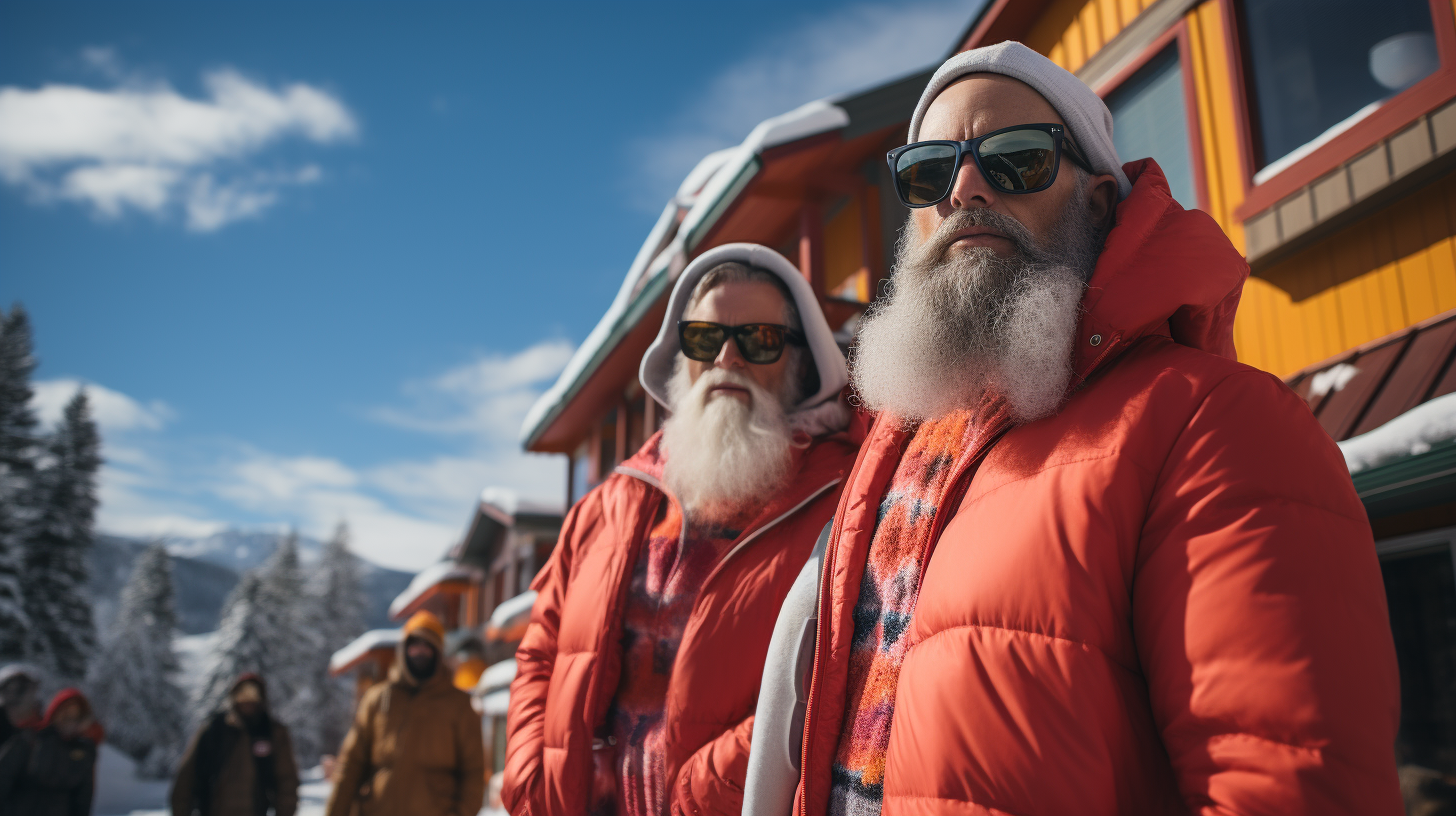 Eccentric characters dressed in Christmas attire against a symmetrical backdrop