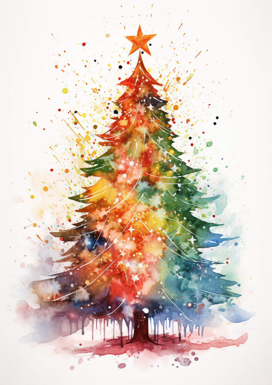 Colorful Christmas tree watercolour painting