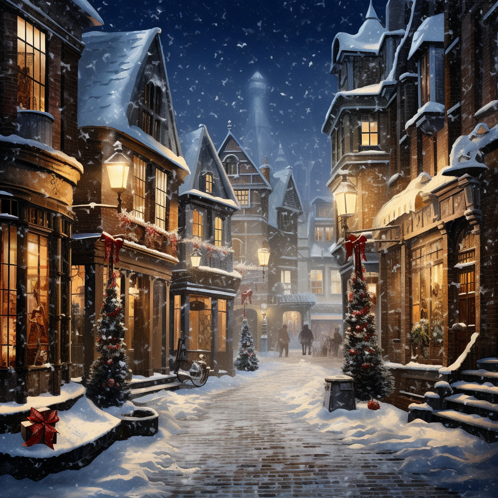 Snowy streets with street lamps for Christmas card