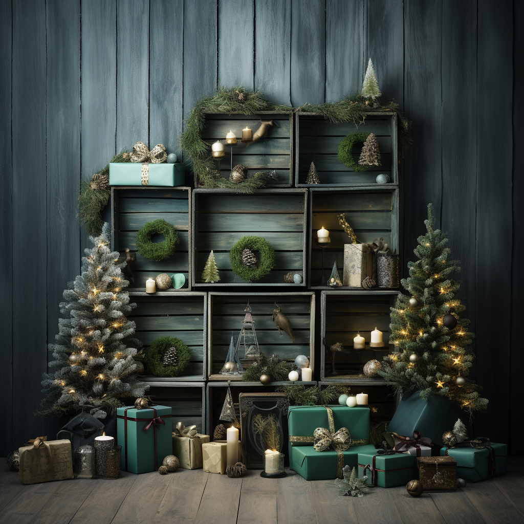 Christmas presents on greenish wood background