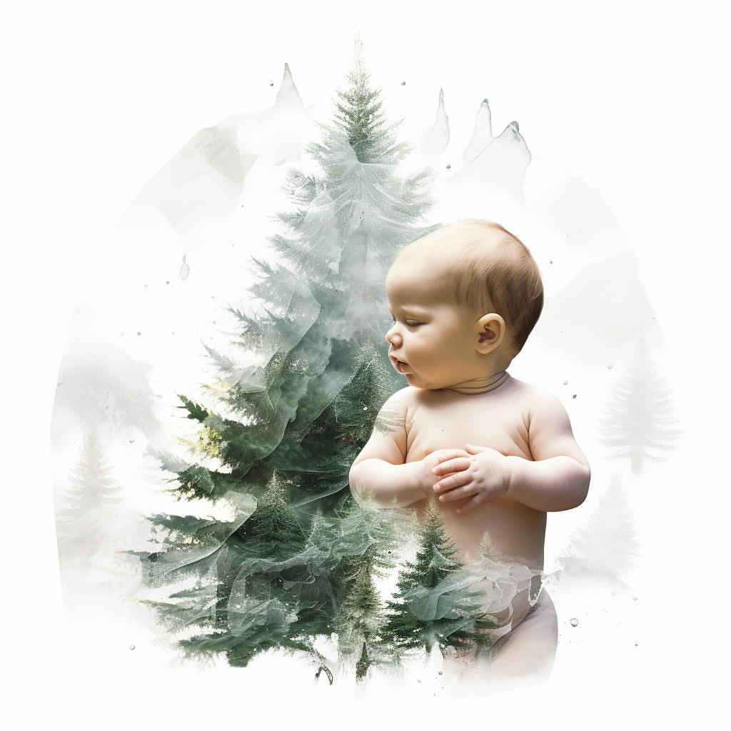 Double exposure of Christmas Tree and baby