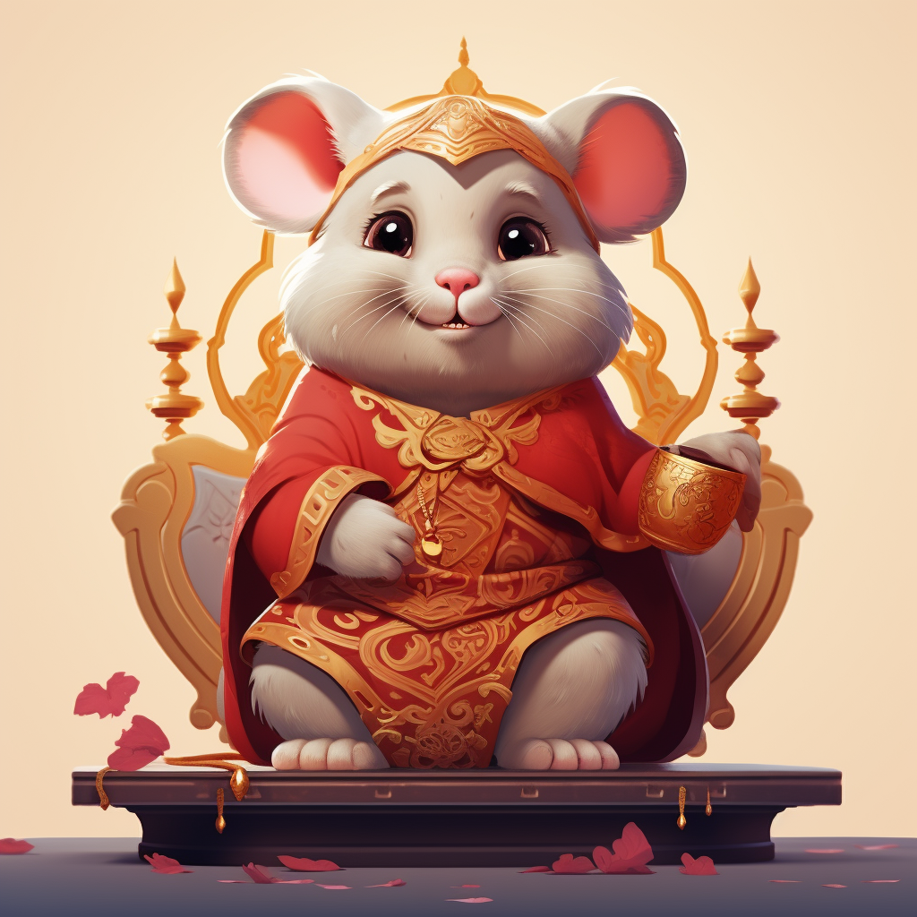 Chubby mouse in Indian ethnic wear sitting on a throne, smirking