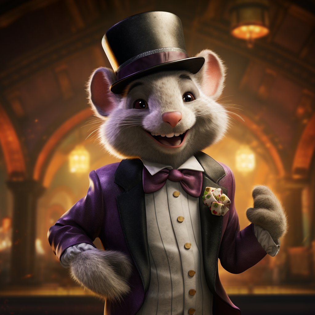 Chuck E. Cheeze business mascot with hat and monocle