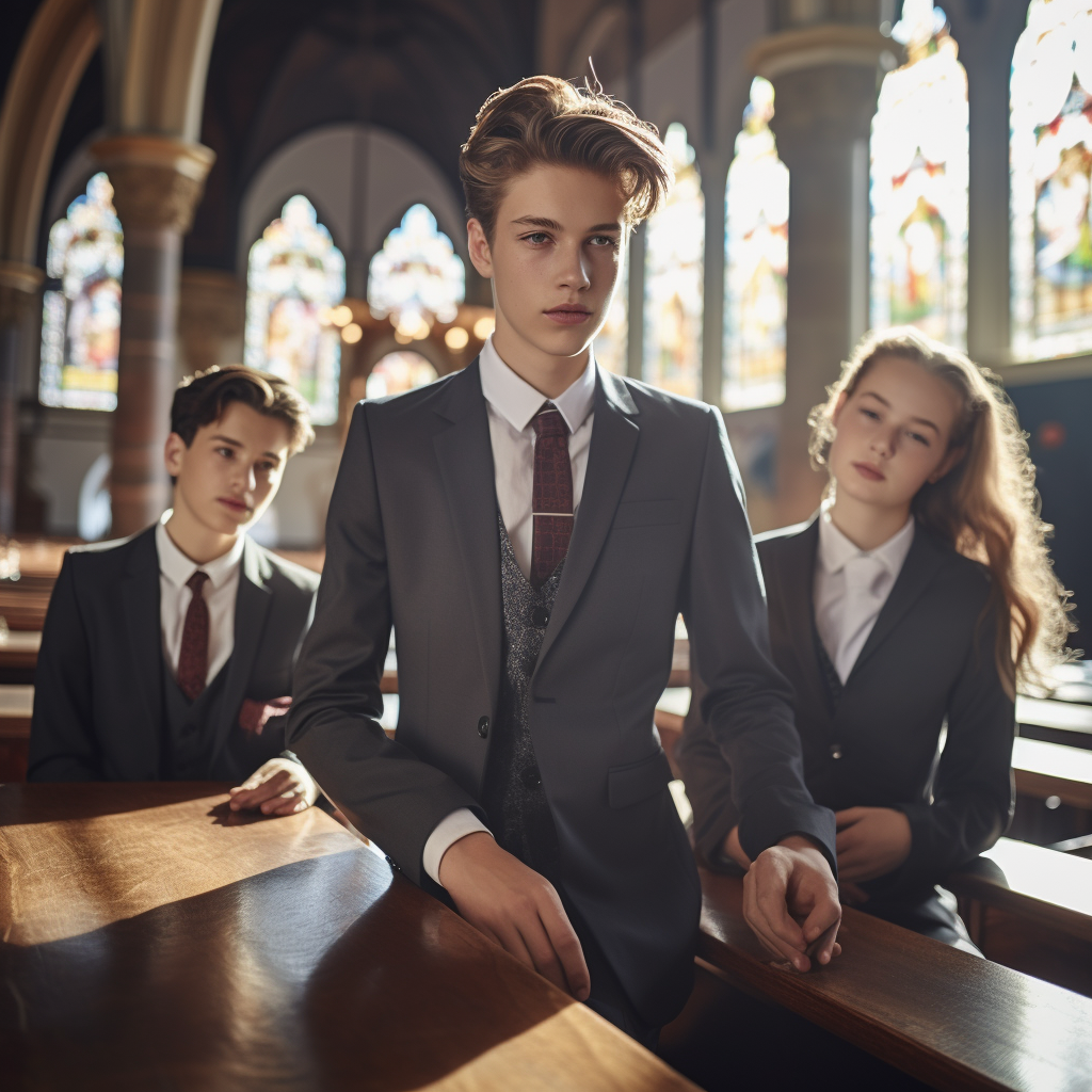 Teenage kids in a church with fine tailored clothing