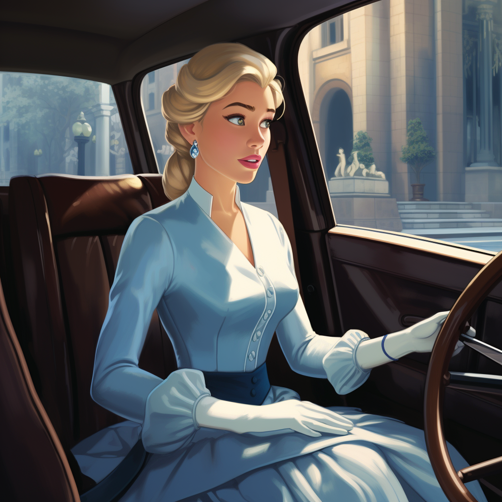 Cinderella driving Uber with pedestrians