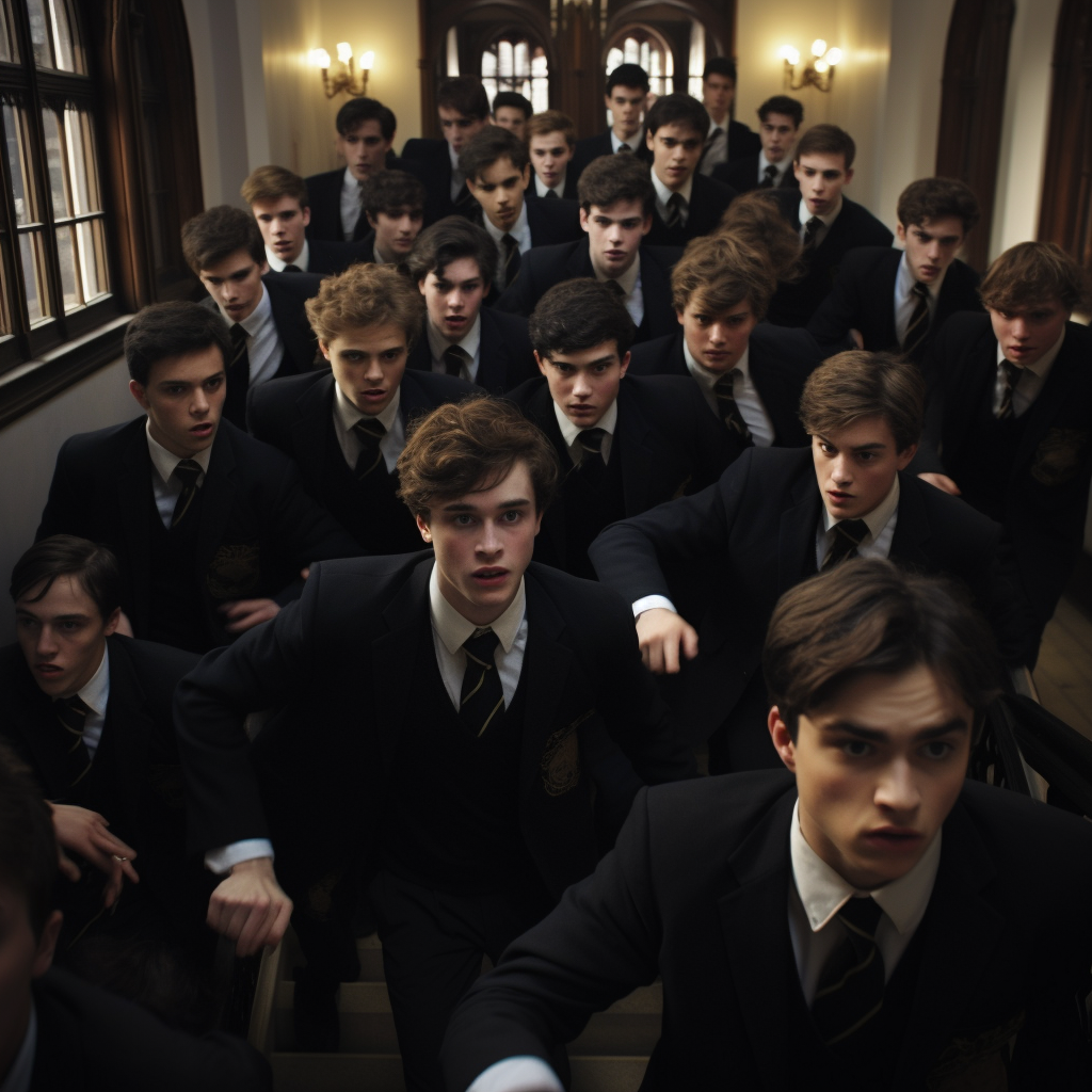 Cinematic action shot of high schoolers at a prep school