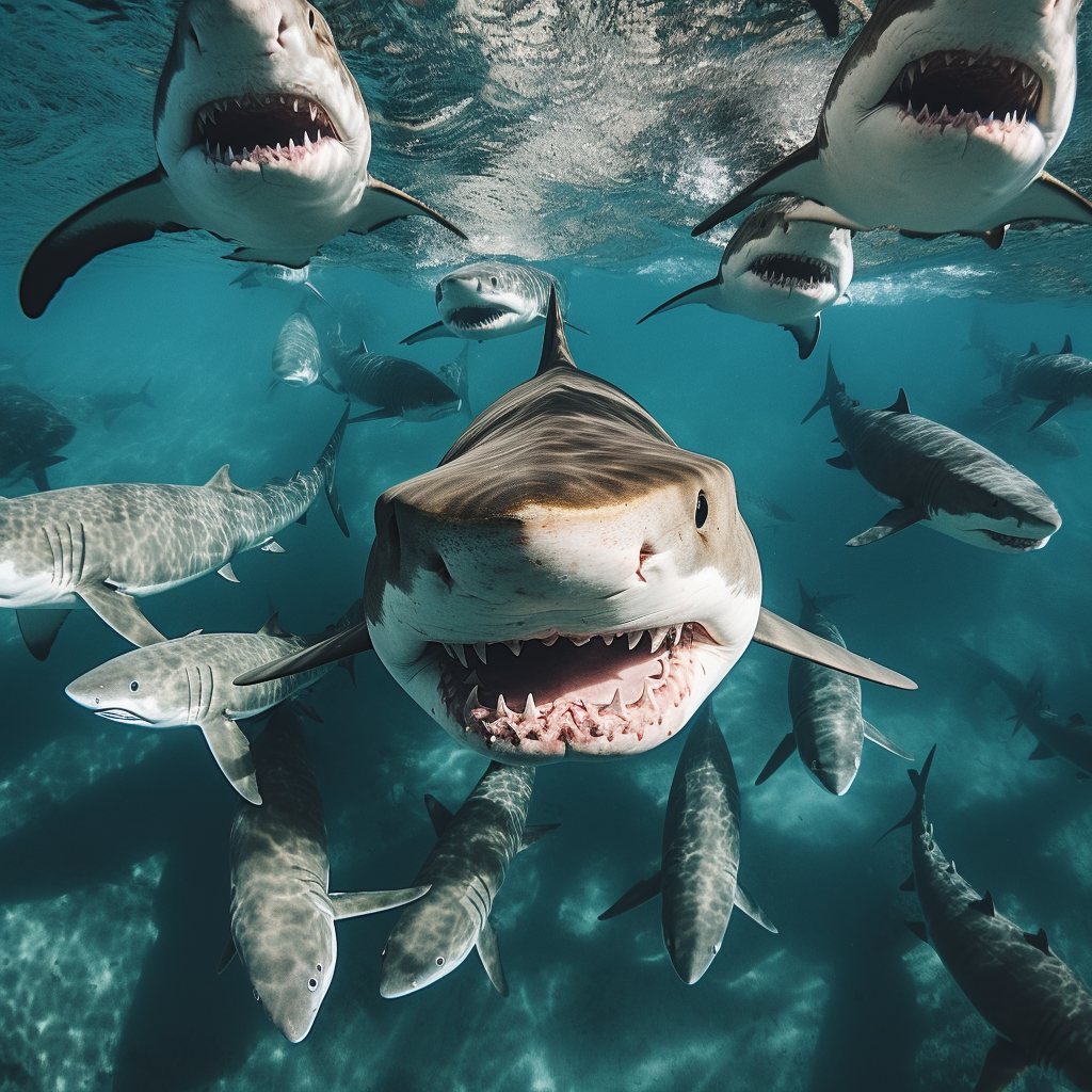 Sharks circling bulldog in ocean