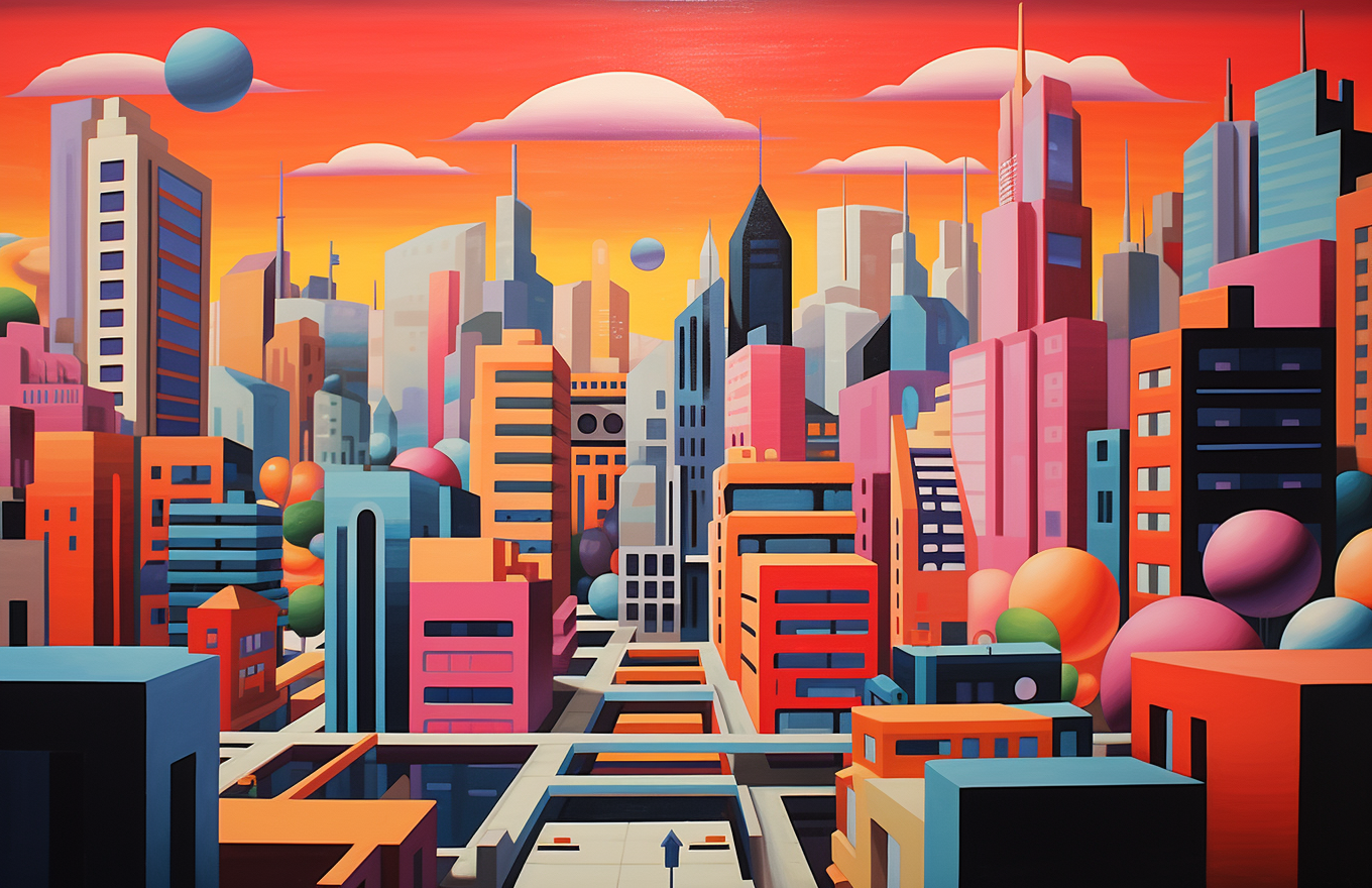 City with Towering Buildings in Go Nagai and Ray Eames Style