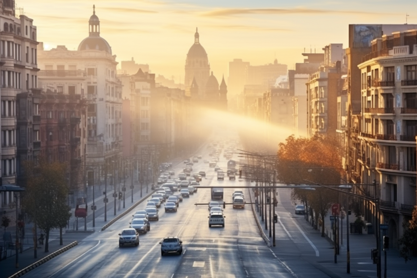 A panoramic city road in the morning light