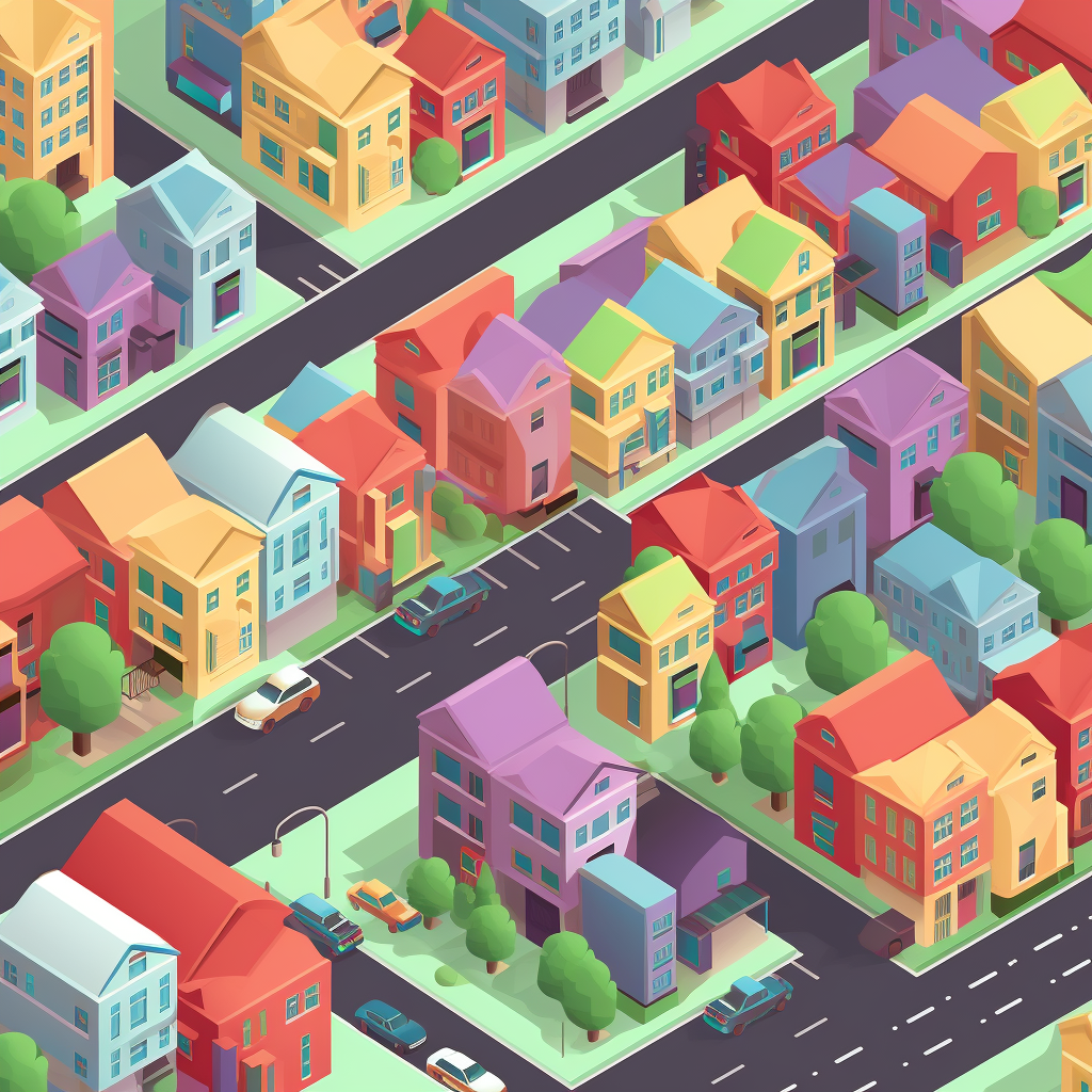 Isometric city neighbourhood with simple design and bright colors