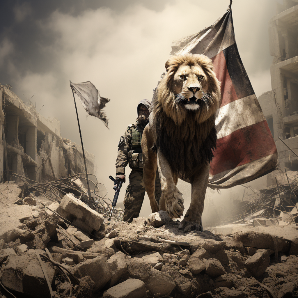 Roaring lion and Israeli soldier with flag