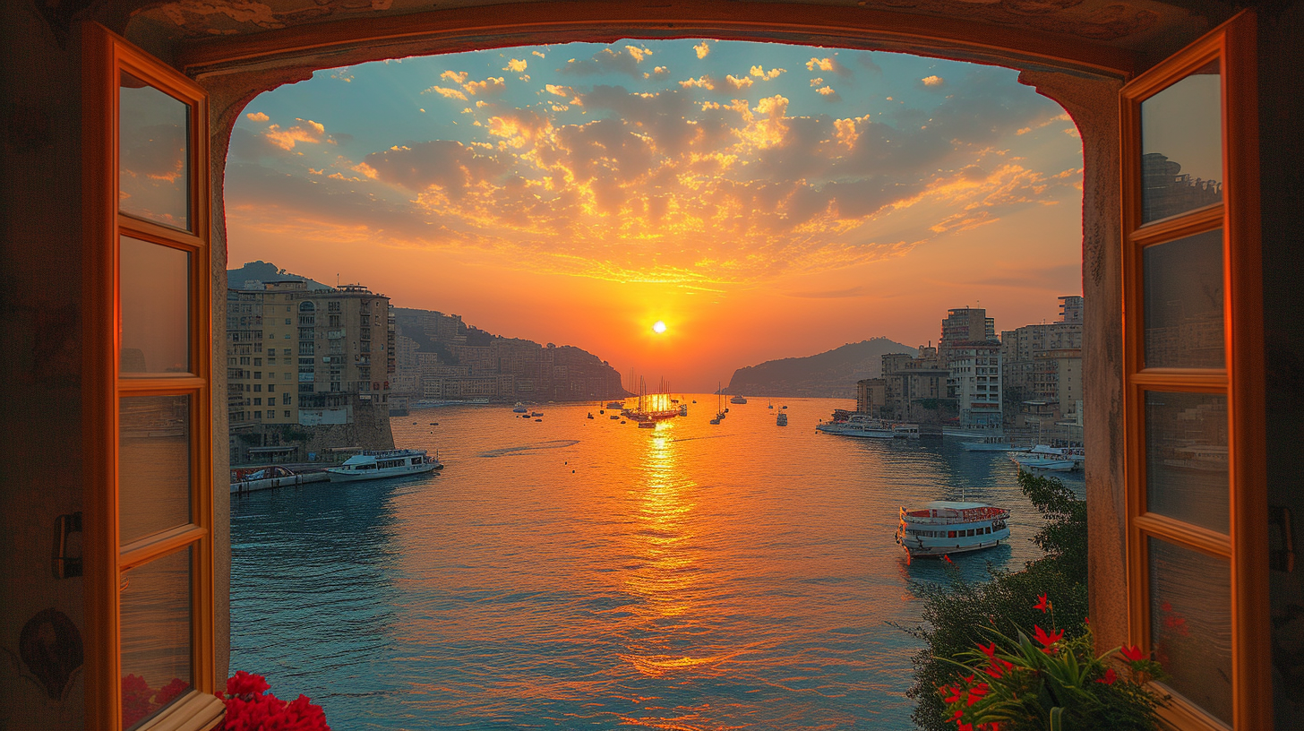 City sea sunset godrays through window frames