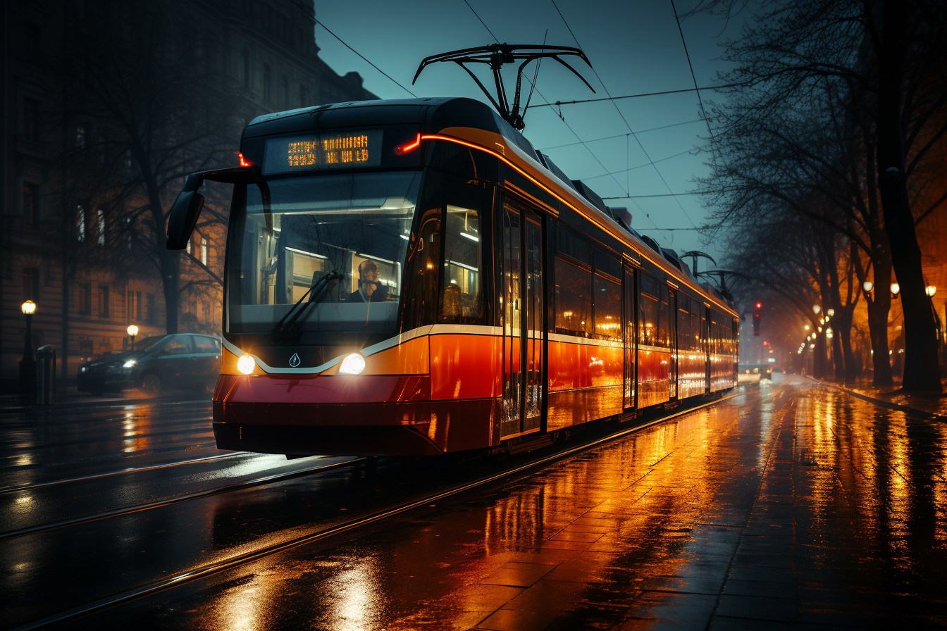 Long exposure of the city at night with a tram and waiting passers-by