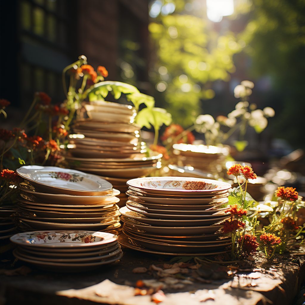 Stack of Clean Dishes with Nature Background