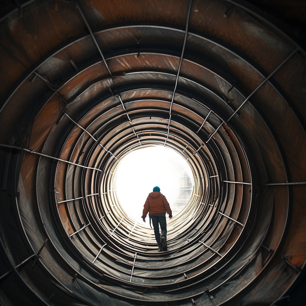 Person climbing through scaffolding-filled pipe