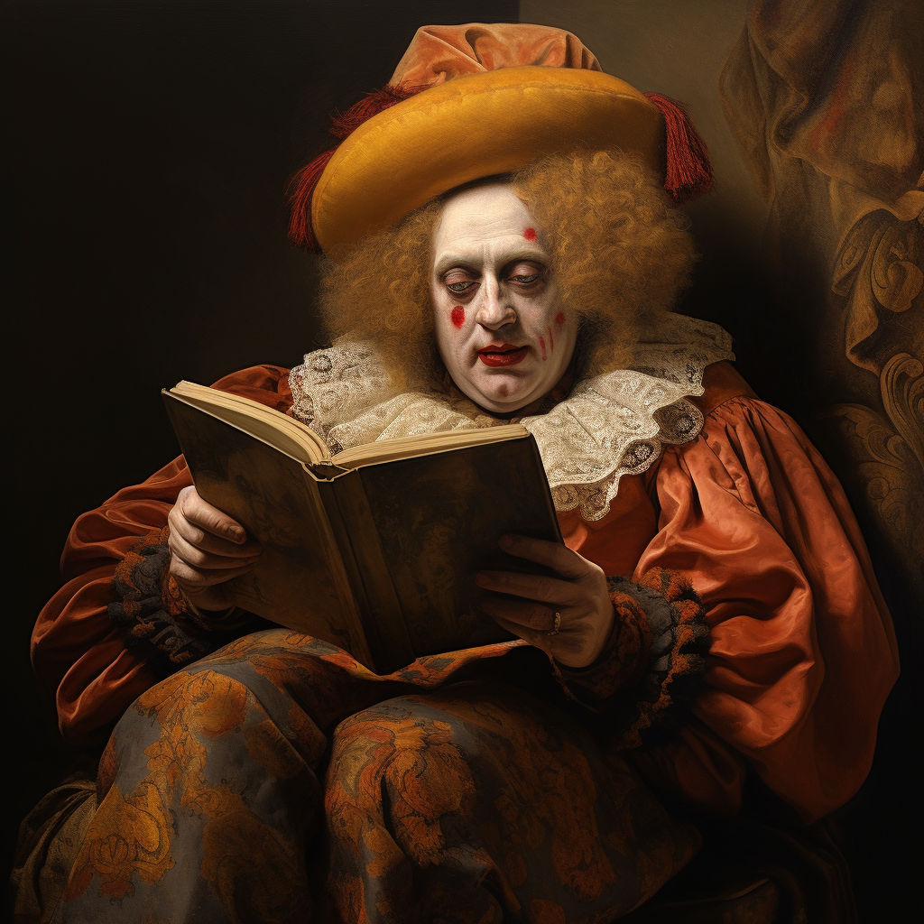 Clown woman reading a book