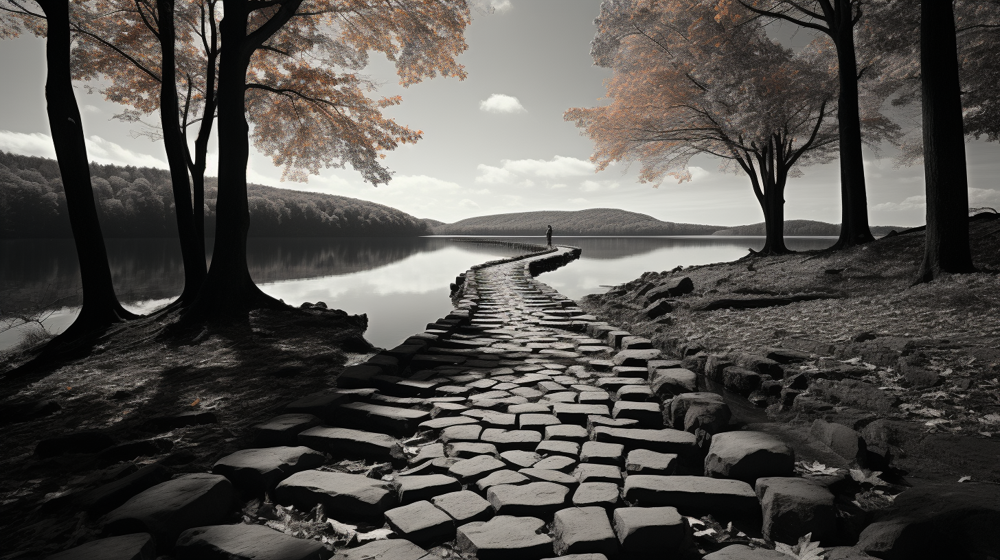 Abstract cobblestone path around mountain lake