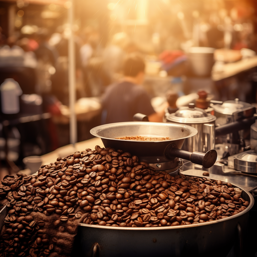 Bustling coffee market stall with concert background