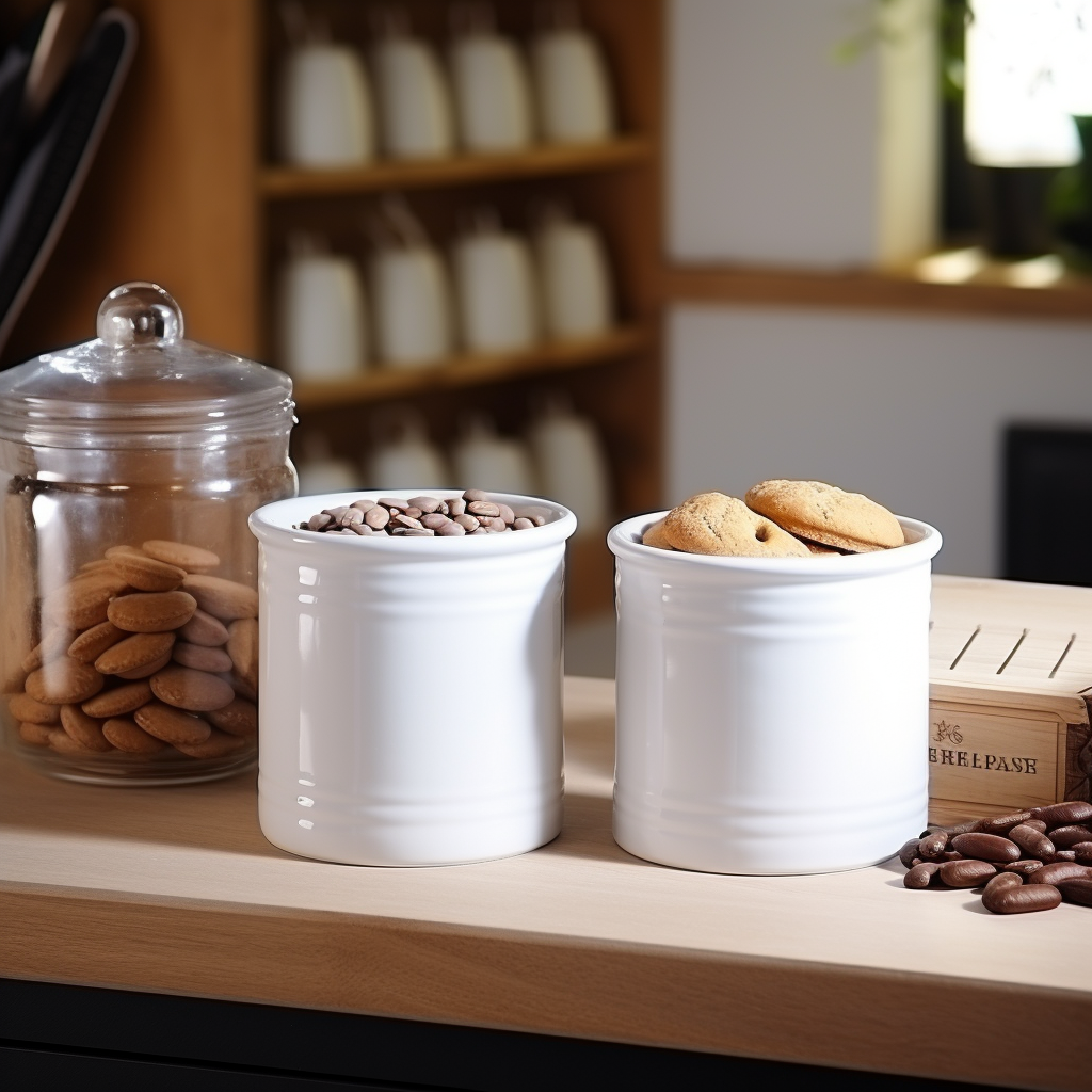 White ceramic coffee and sugar containers in a rustic kitchen