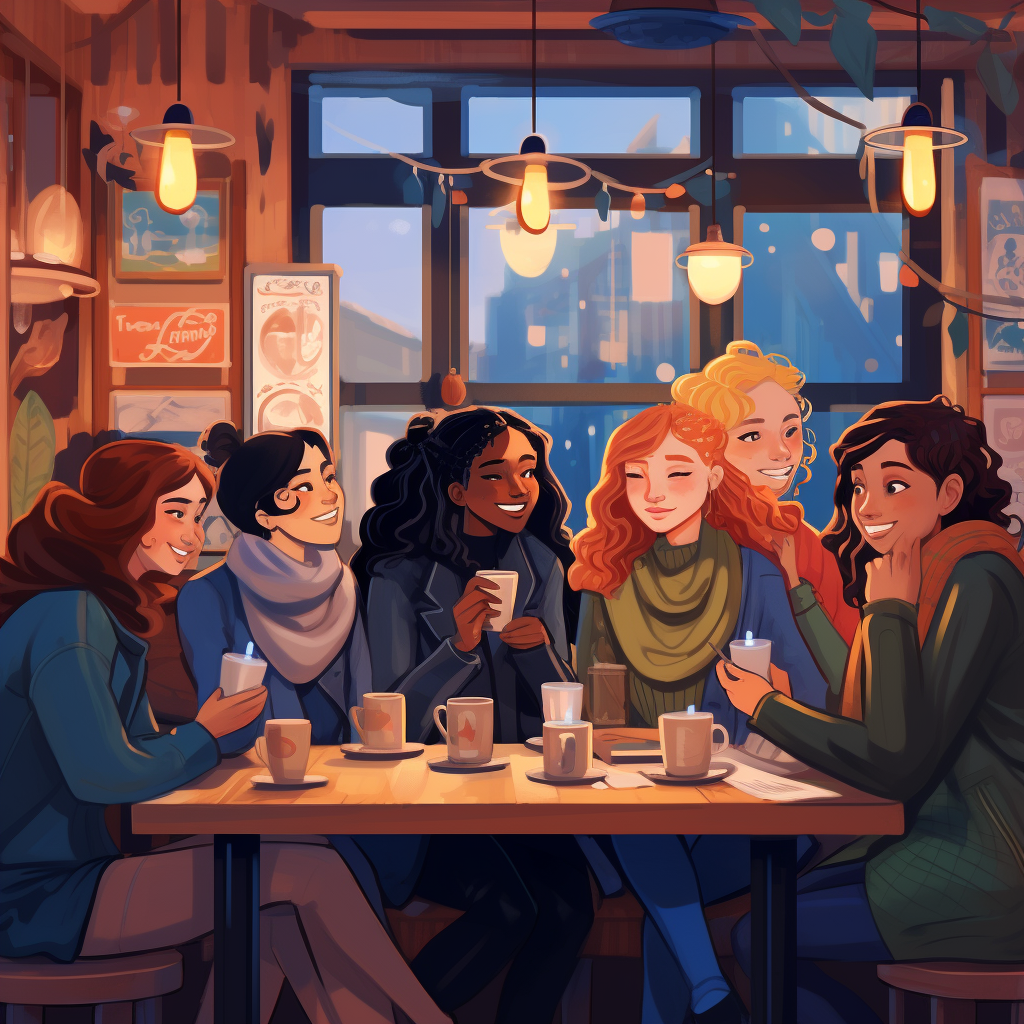 Group of women socializing in cozy coffee shop