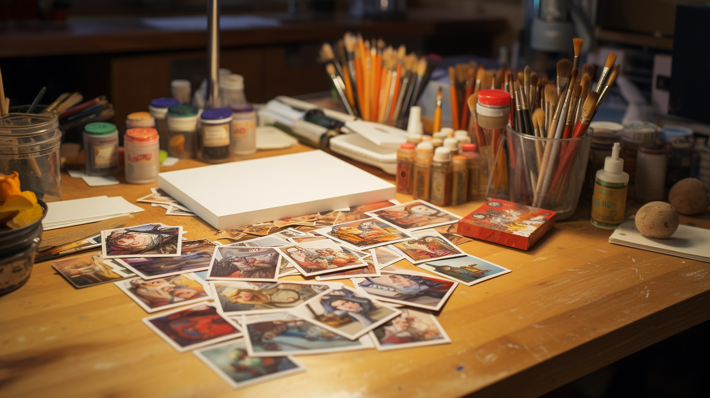 Two identical collectible sports cards on studio table with painting tools