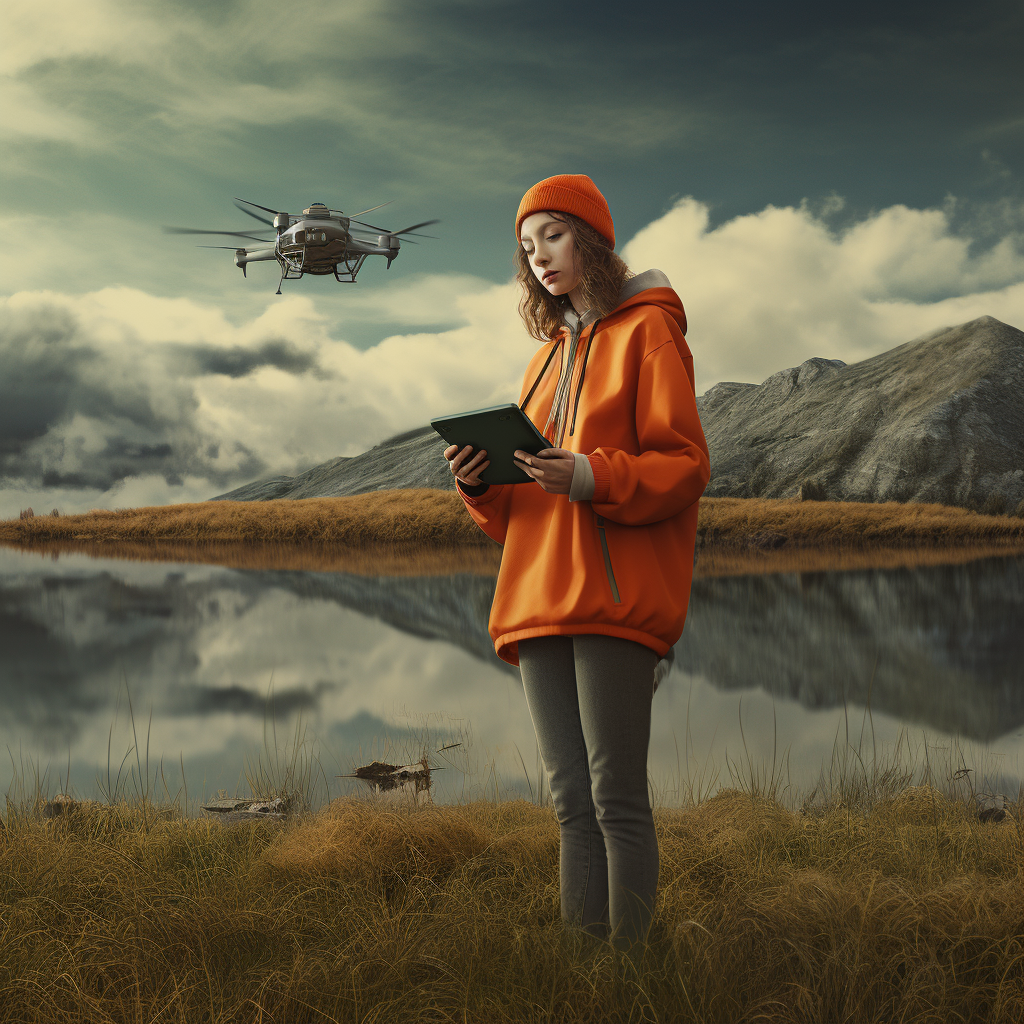 College woman playing with remote control boat by the lake