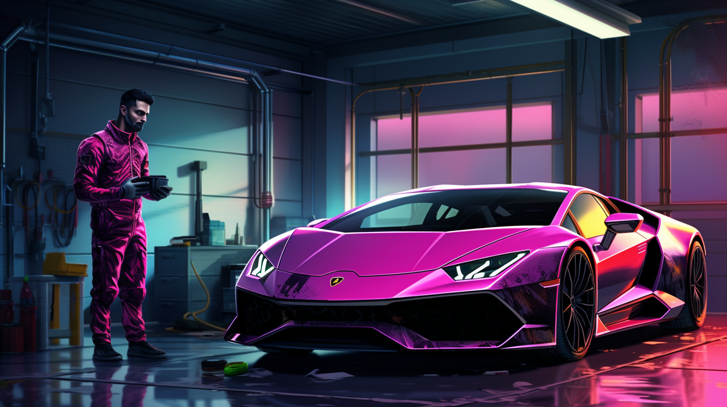 Person applying color-changing wrap to Lamborghini Huracan