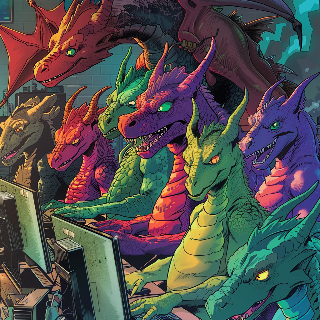 Colorful dragons at computers