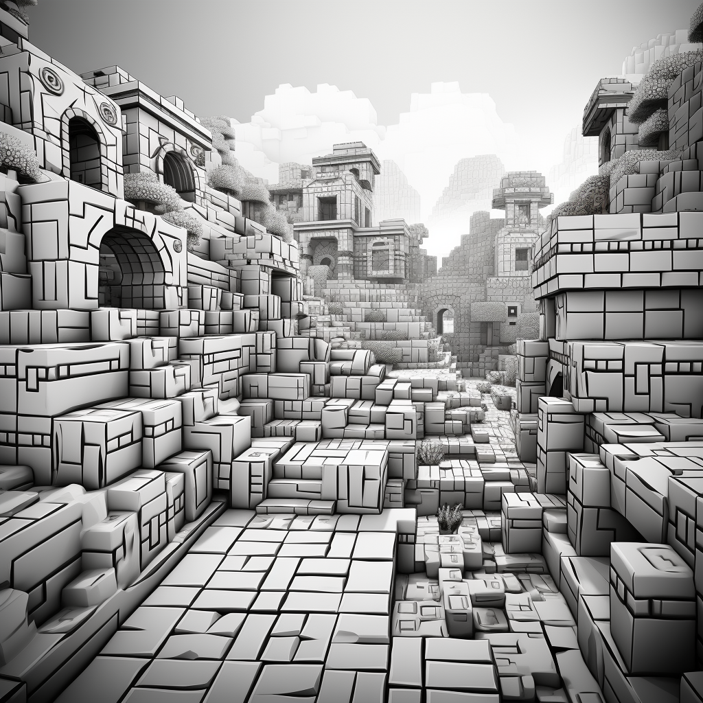 Minecraft scene in black and white