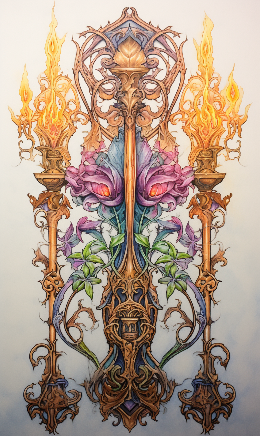 Detailed fantasy Tarot art with colored pencils