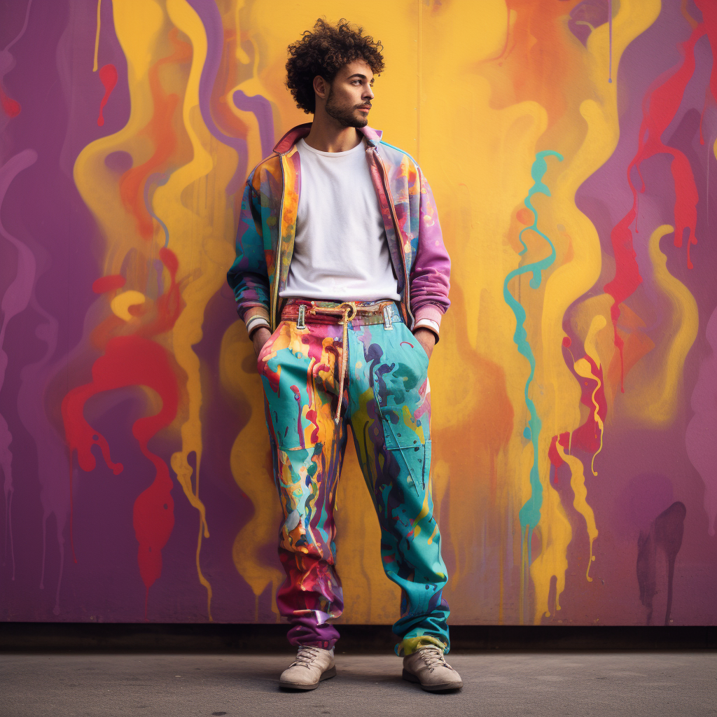 Fashionable man wearing vibrant artistic trousers