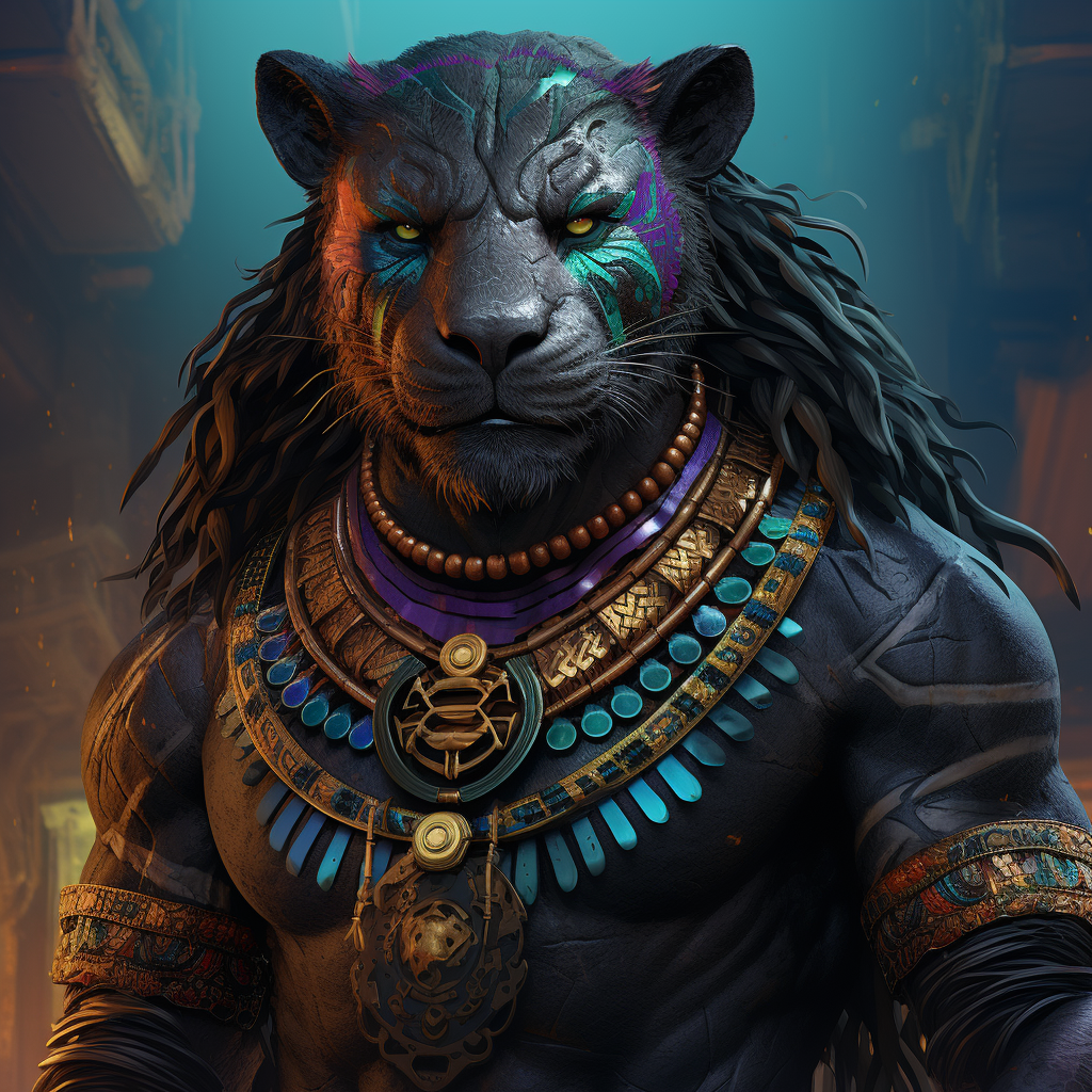 Anthropomorphic black panther and wolf hybrid with vibrant hippy vibes