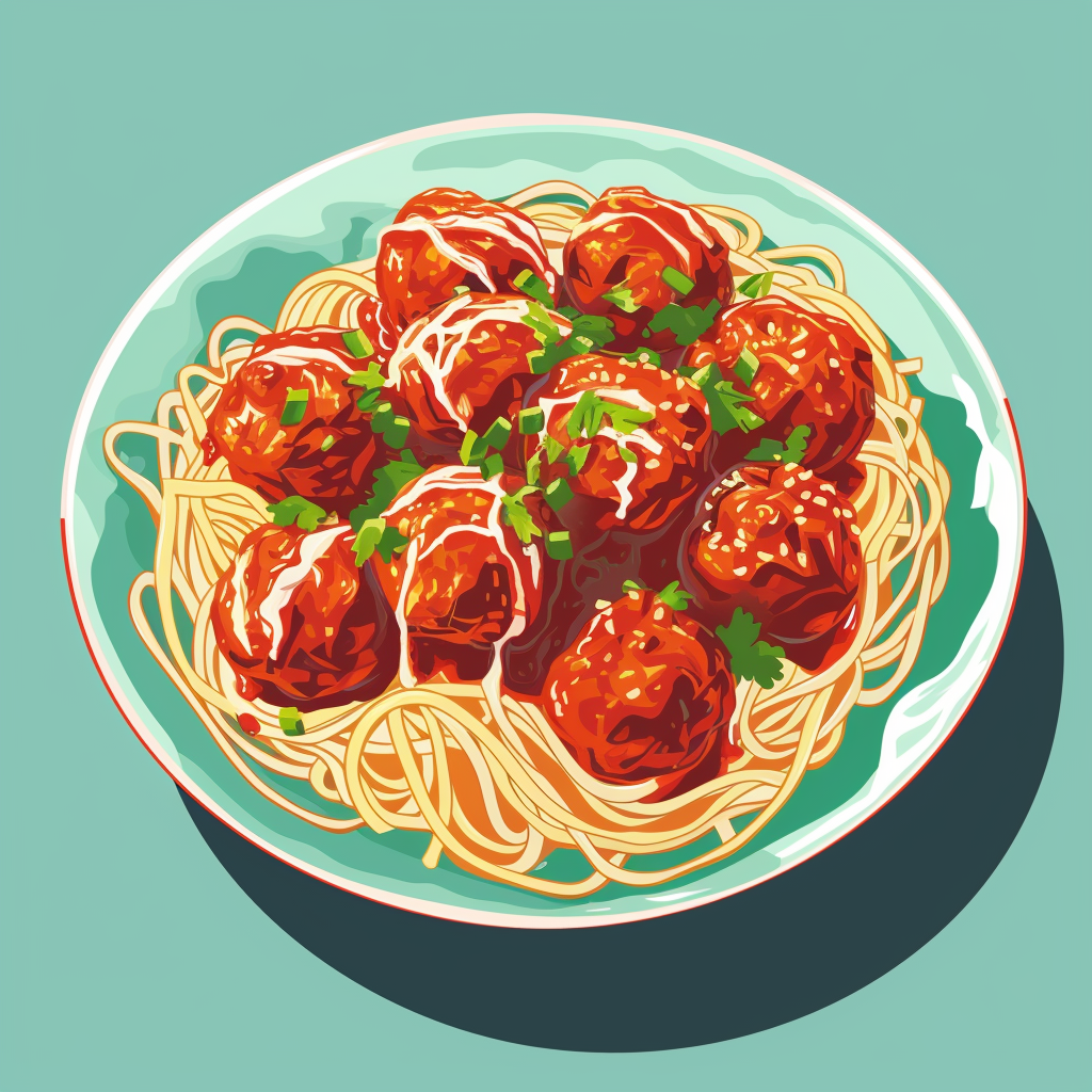 Colorful noodles with meatballs on a plate