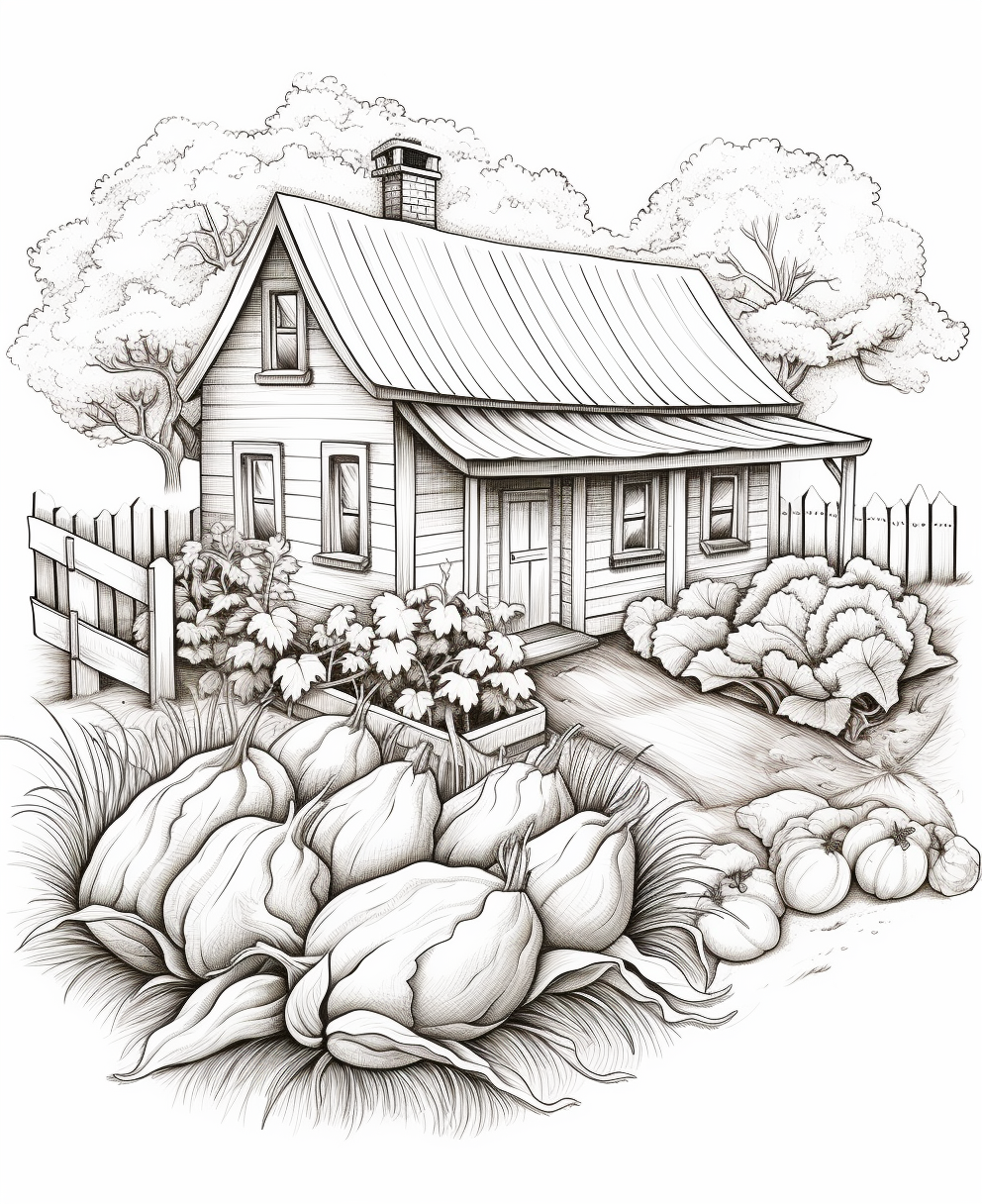 Coloring Book: Cottage House with Vegetable Garden