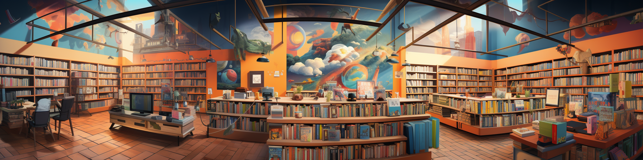 Panoramic scene of colorful comic bookshop with superhero statues