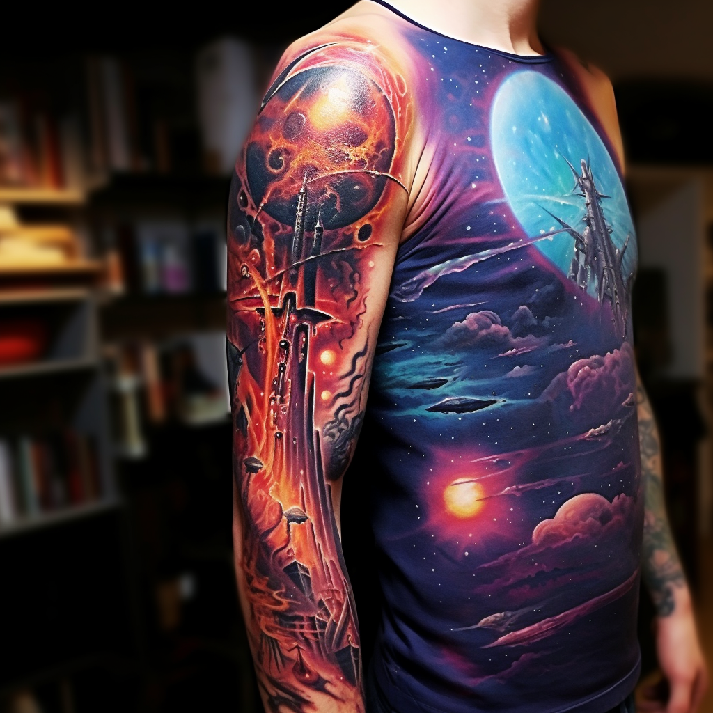 Detailed Starship Sleeve Tattoo in Cosmos