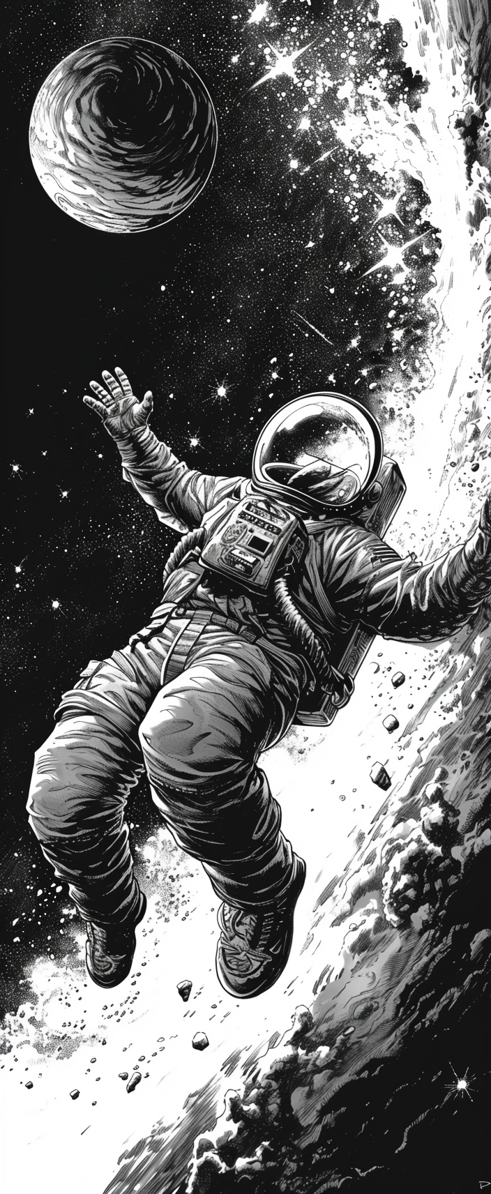 Comic Book Art Astronaut Falling Solar System Black Hole Nebula