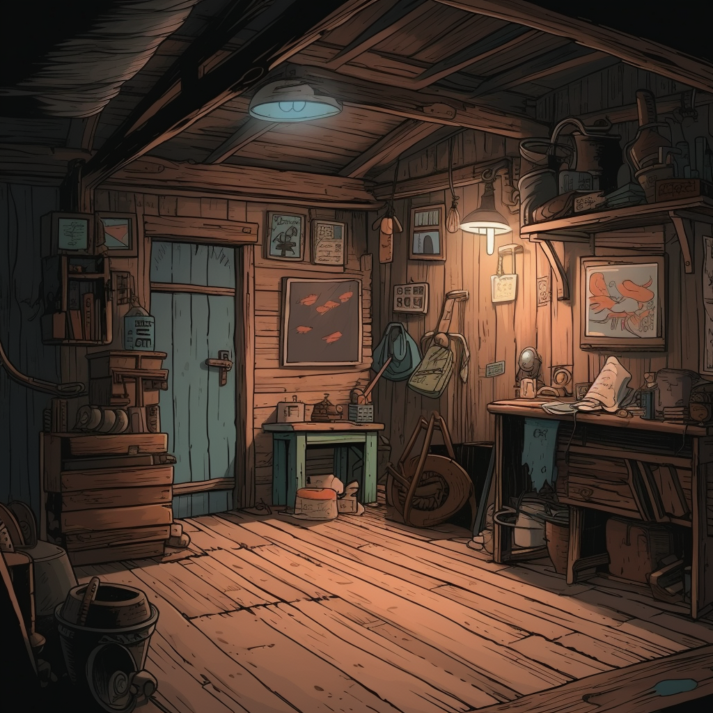 Dark tool shed interior in comic book style