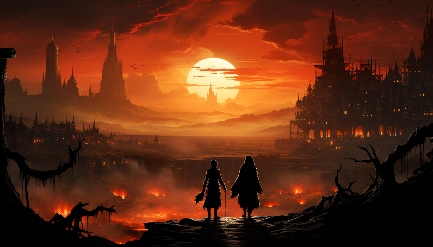 Silhouettes contrasting medieval town with arena splendor