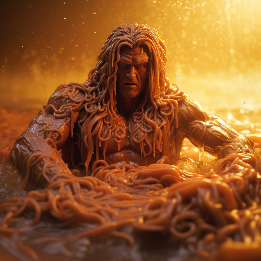 Conan the Barbarian swimming in Spaghetti-os