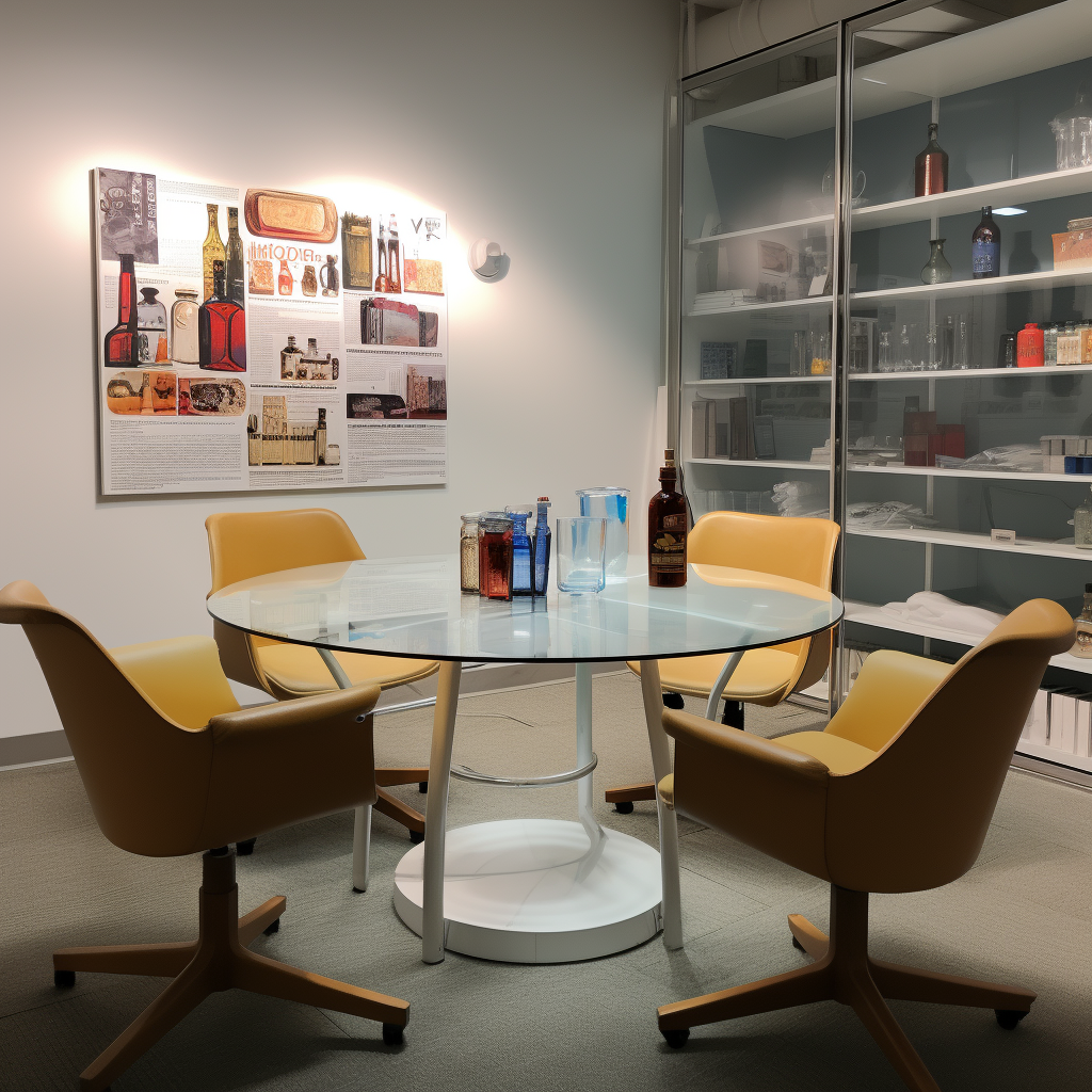 Conference Room with Circular Table, Chairs, and Whiteboard